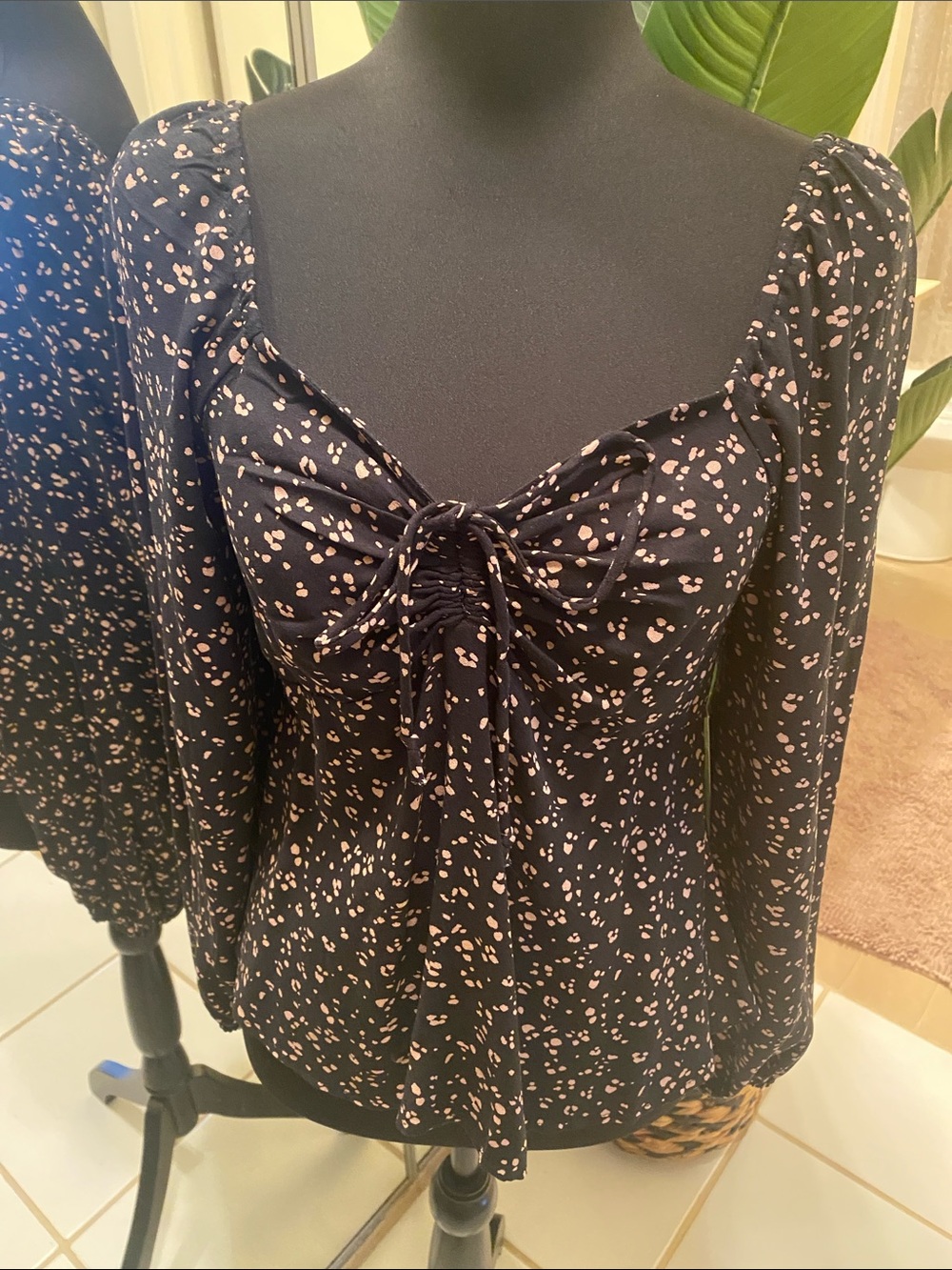URBAN Romantics Black Blouse with Light Pink Ditsy Print & Tie Front